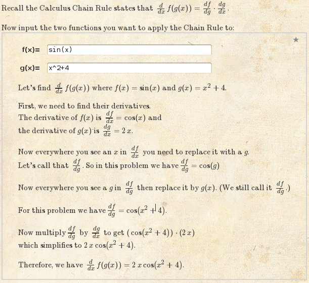 Using our calculus calculator to sove the chain rule